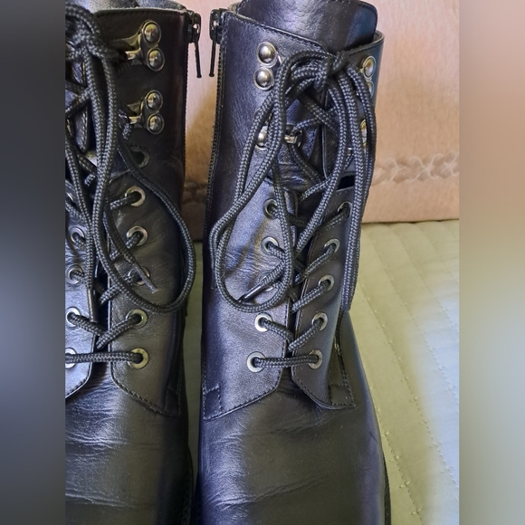 Vintage NAPOLEONI Black Leather Combat Moto Boots Zip Lace Up Italian Size 40 - Picture 5 of 13